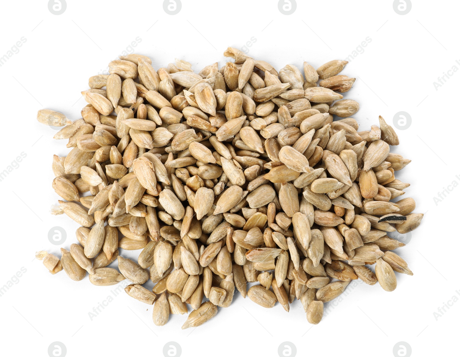 Photo of Pile of peeled sunflower seeds isolated on white, top view