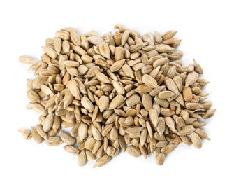 Pile of peeled sunflower seeds isolated on white, top view