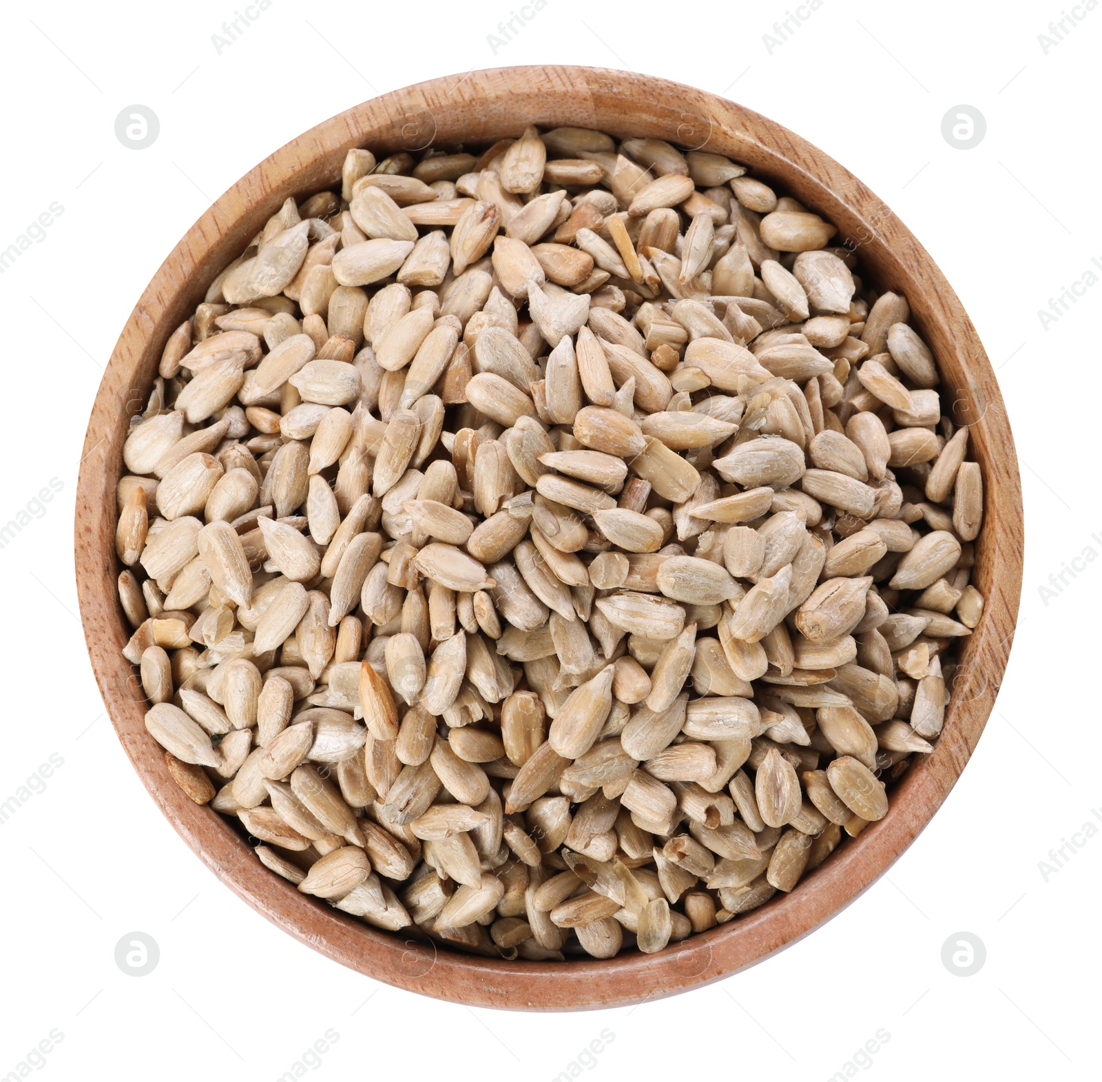 Photo of Peeled sunflower seeds in wooden bowl isolated on white, top view