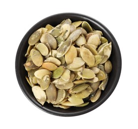 Peeled pumpkin seeds in bowl isolated on white, top view