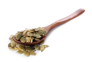 Peeled pumpkin seeds in wooden spoon isolated on white