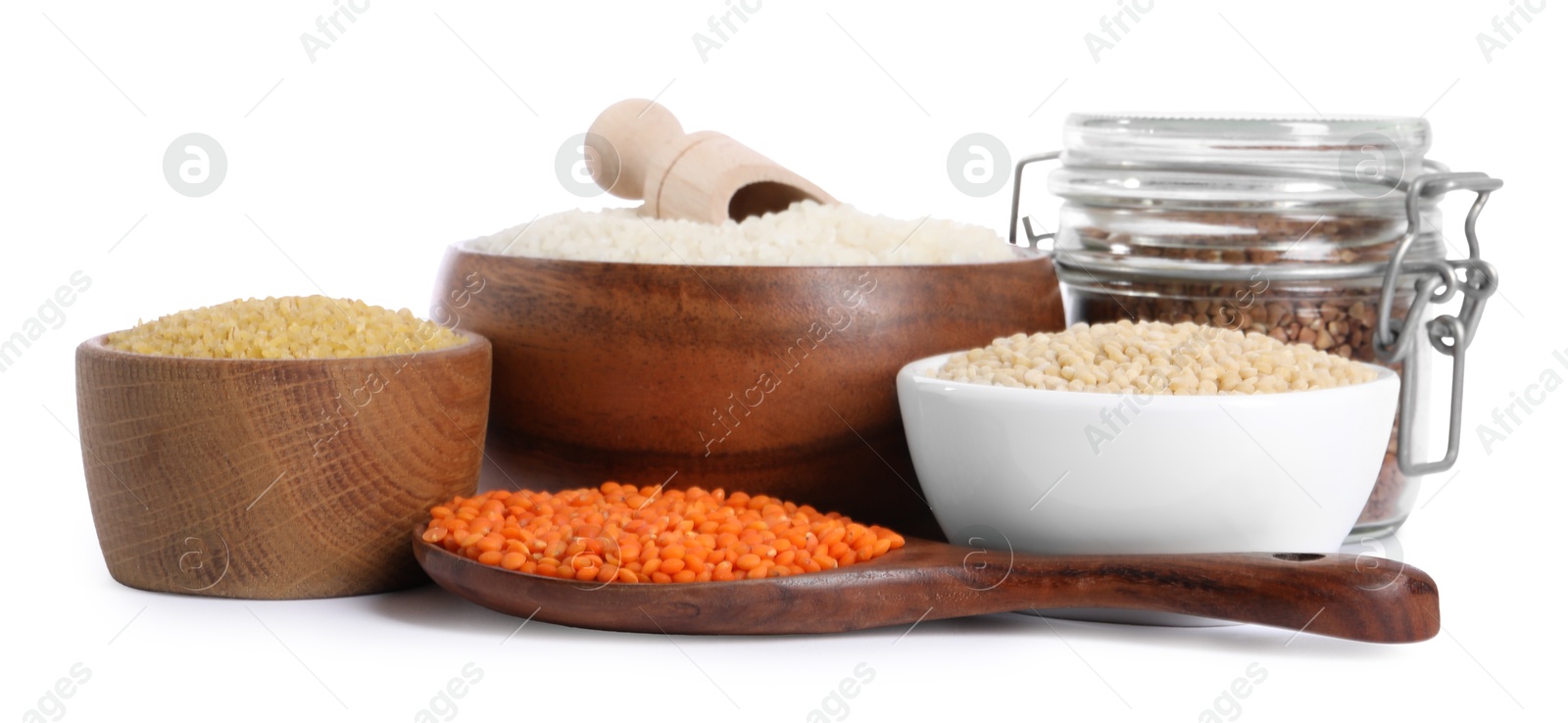 Photo of Different types of cereals isolated on white