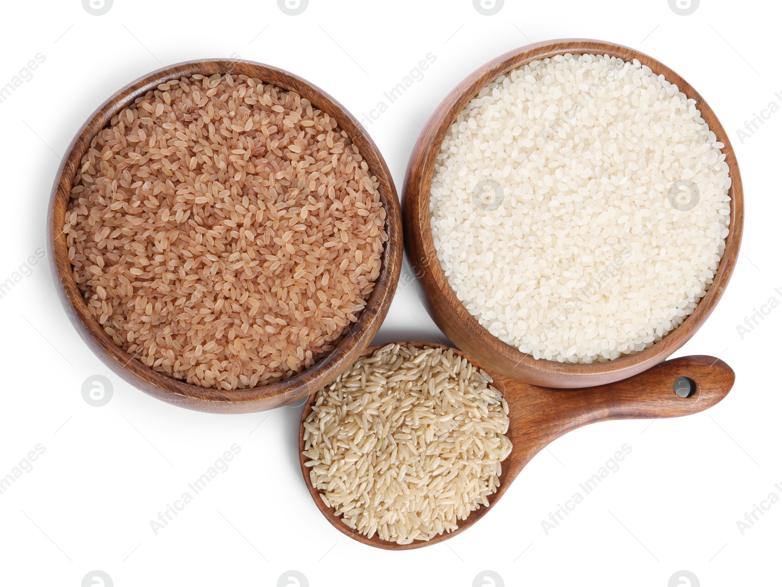 Photo of Different types of cereals isolated on white, top view