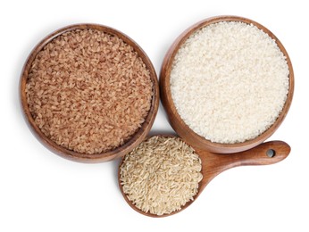 Different types of cereals isolated on white, top view