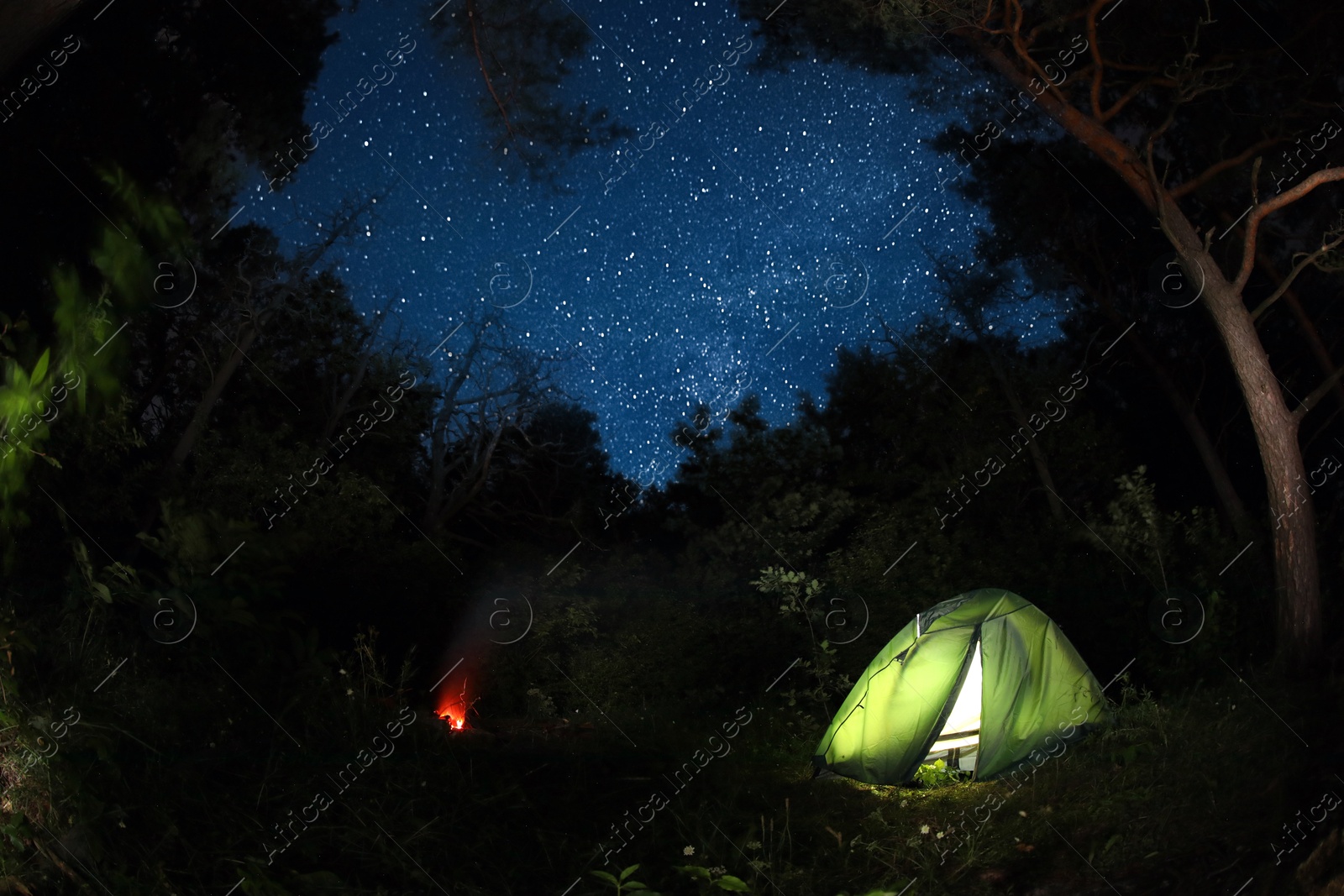 Photo of Modern camping tent and bonfire in forest at night. Fisheye lens effect