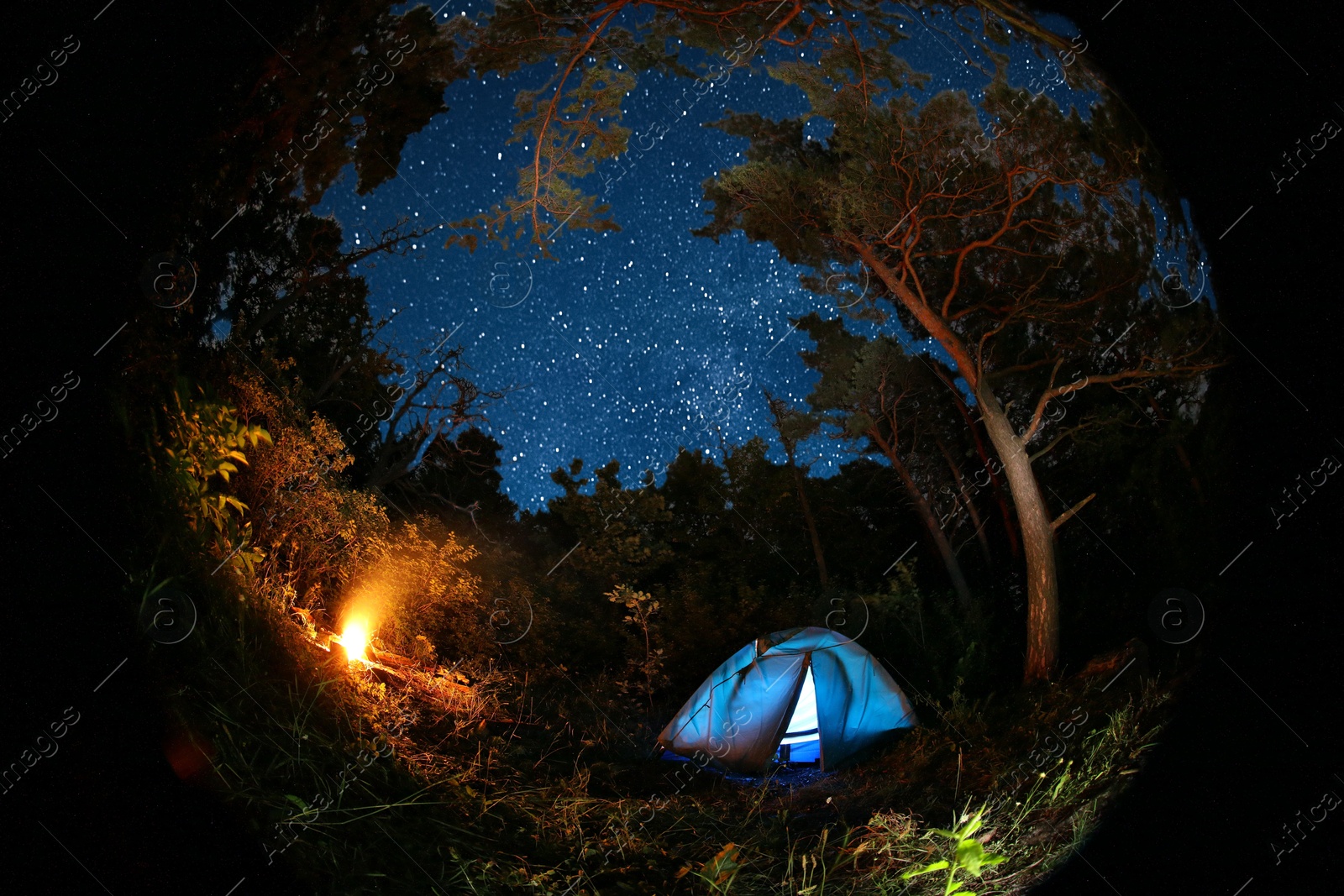 Photo of Modern camping tent and bonfire in forest at night. Fisheye lens effect