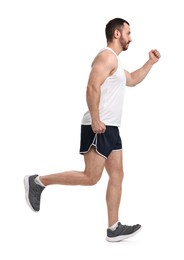 Photo of Handsome young man running on white background