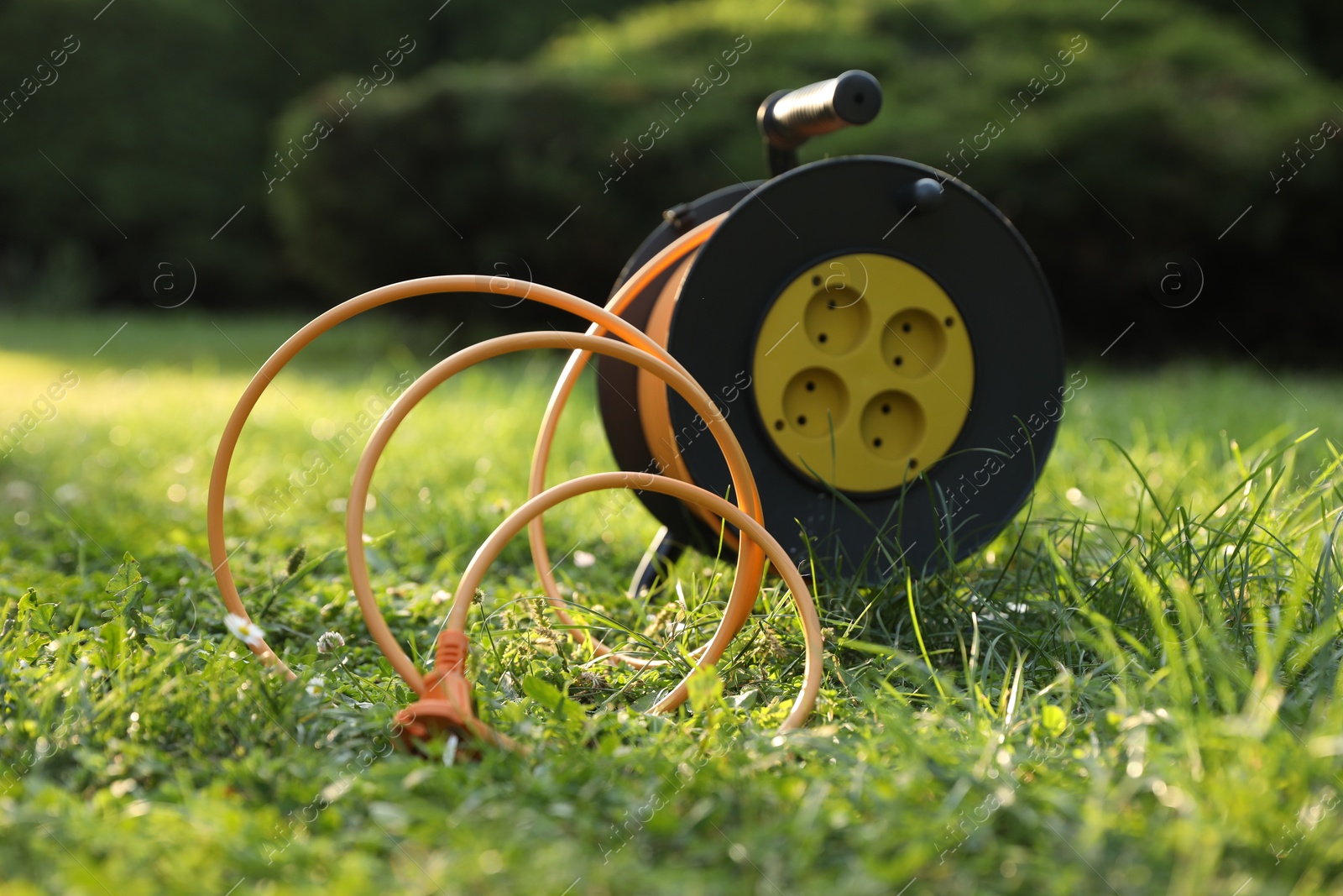 Photo of One extension cord reel on green grass outdoors