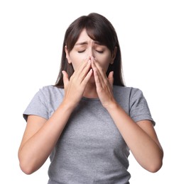 Photo of Woman suffering from sinusitis on white background