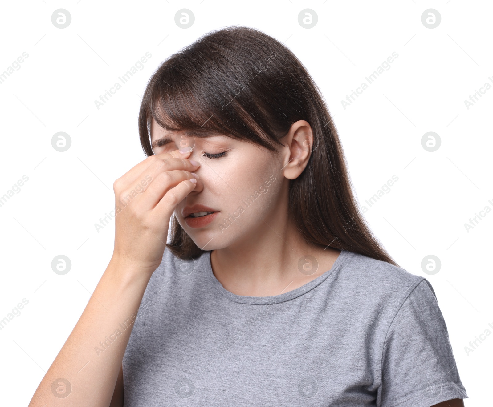 Photo of Woman suffering from sinusitis on white background