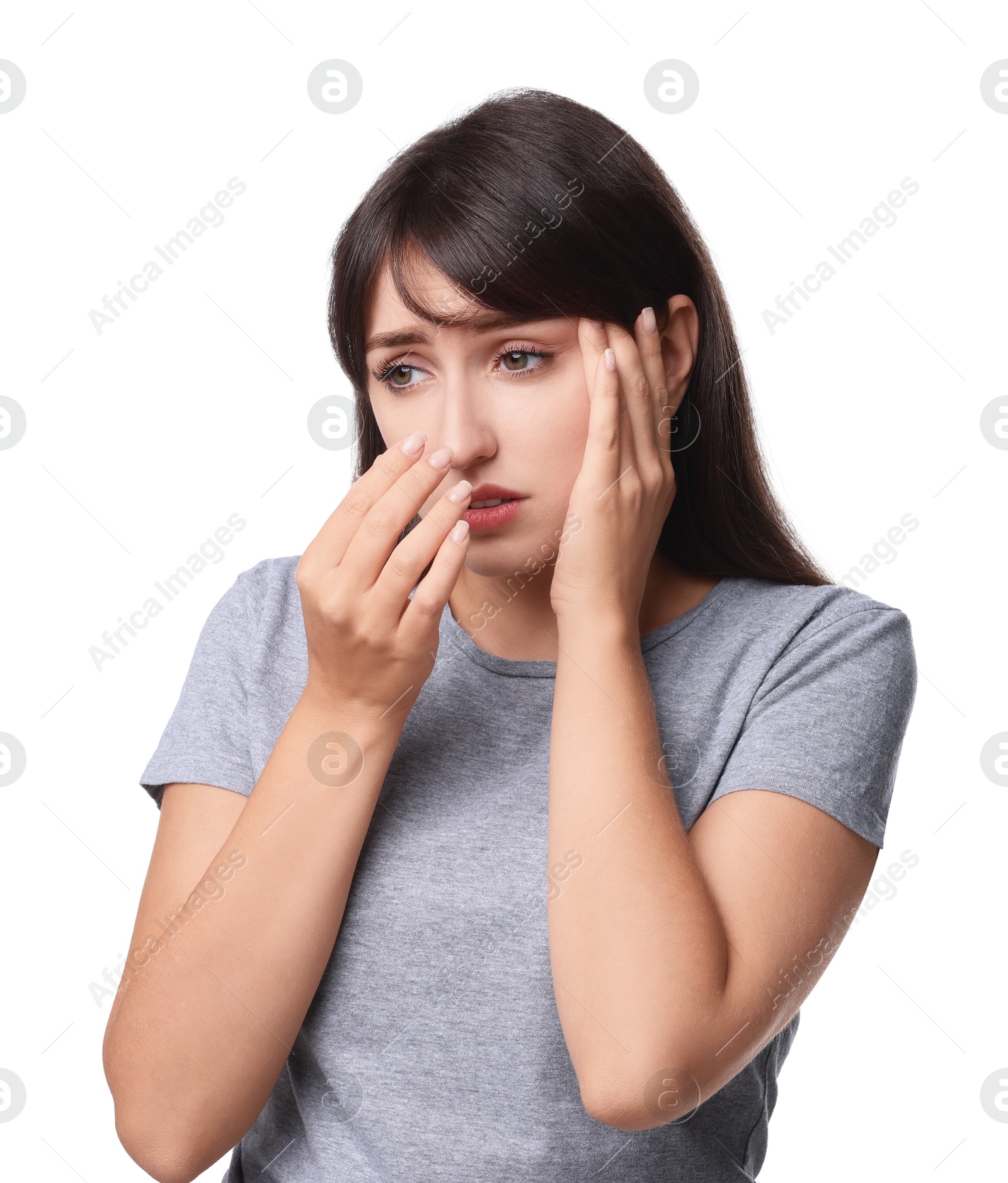 Photo of Woman suffering from sinusitis on white background