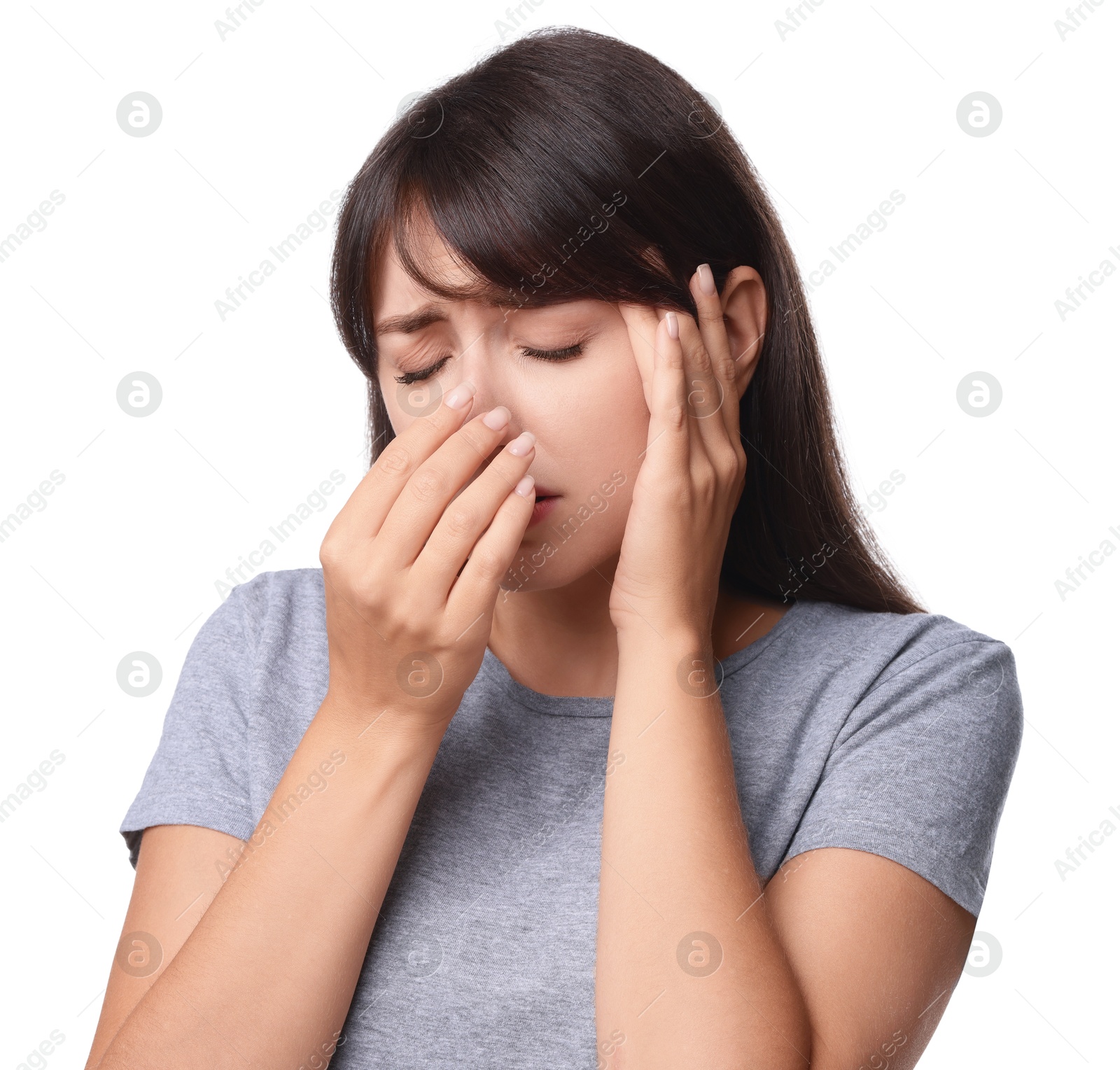 Photo of Woman suffering from sinusitis on white background