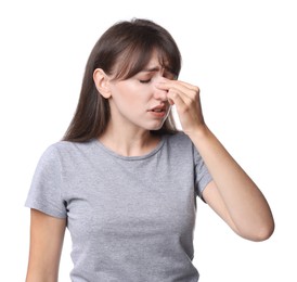 Photo of Woman suffering from sinusitis on white background