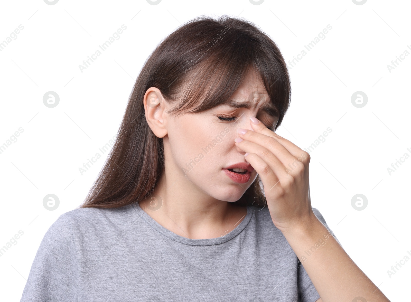 Photo of Woman suffering from sinusitis on white background