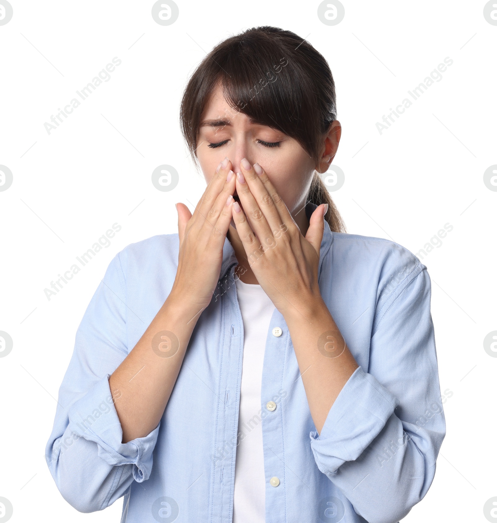 Photo of Woman suffering from sinusitis on white background