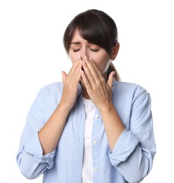 Photo of Woman suffering from sinusitis on white background