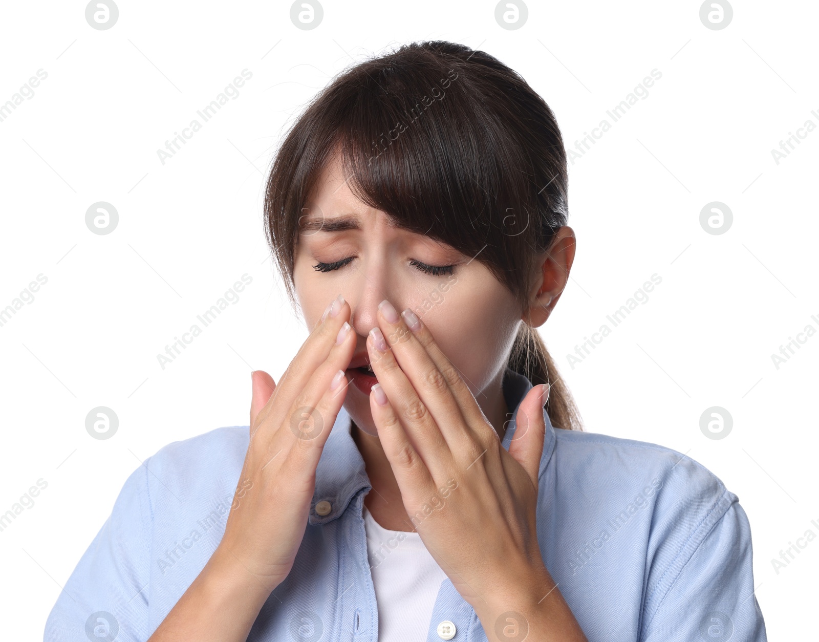 Photo of Woman suffering from sinusitis on white background