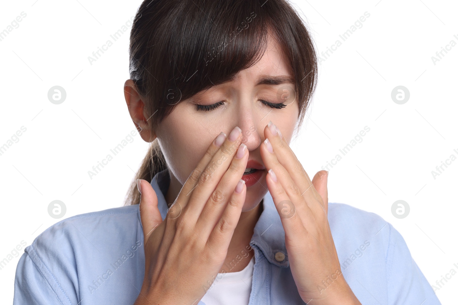 Photo of Woman suffering from sinusitis on white background