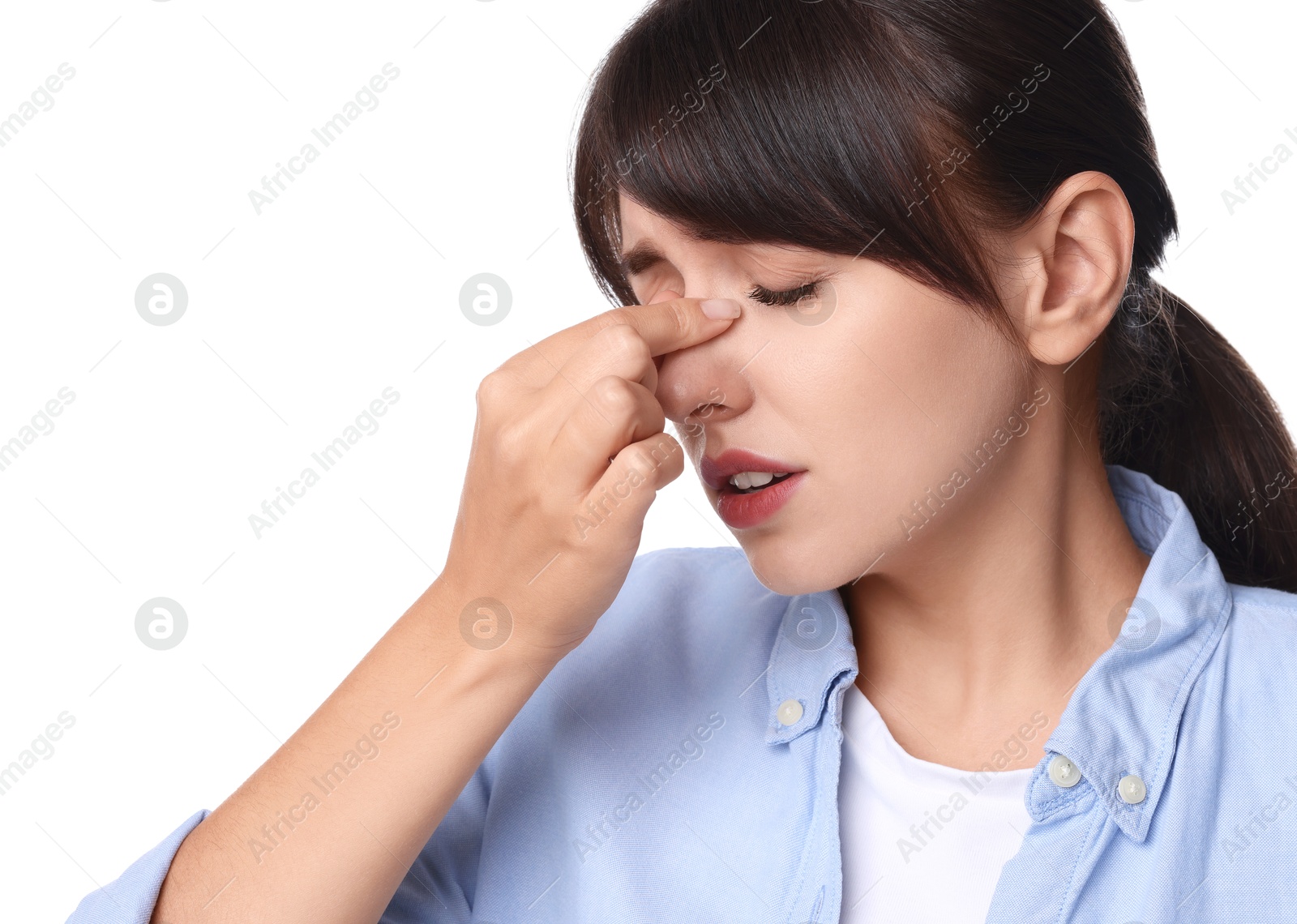 Photo of Woman suffering from sinusitis on white background