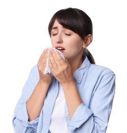 Photo of Woman with napkin suffering from sinusitis on white background