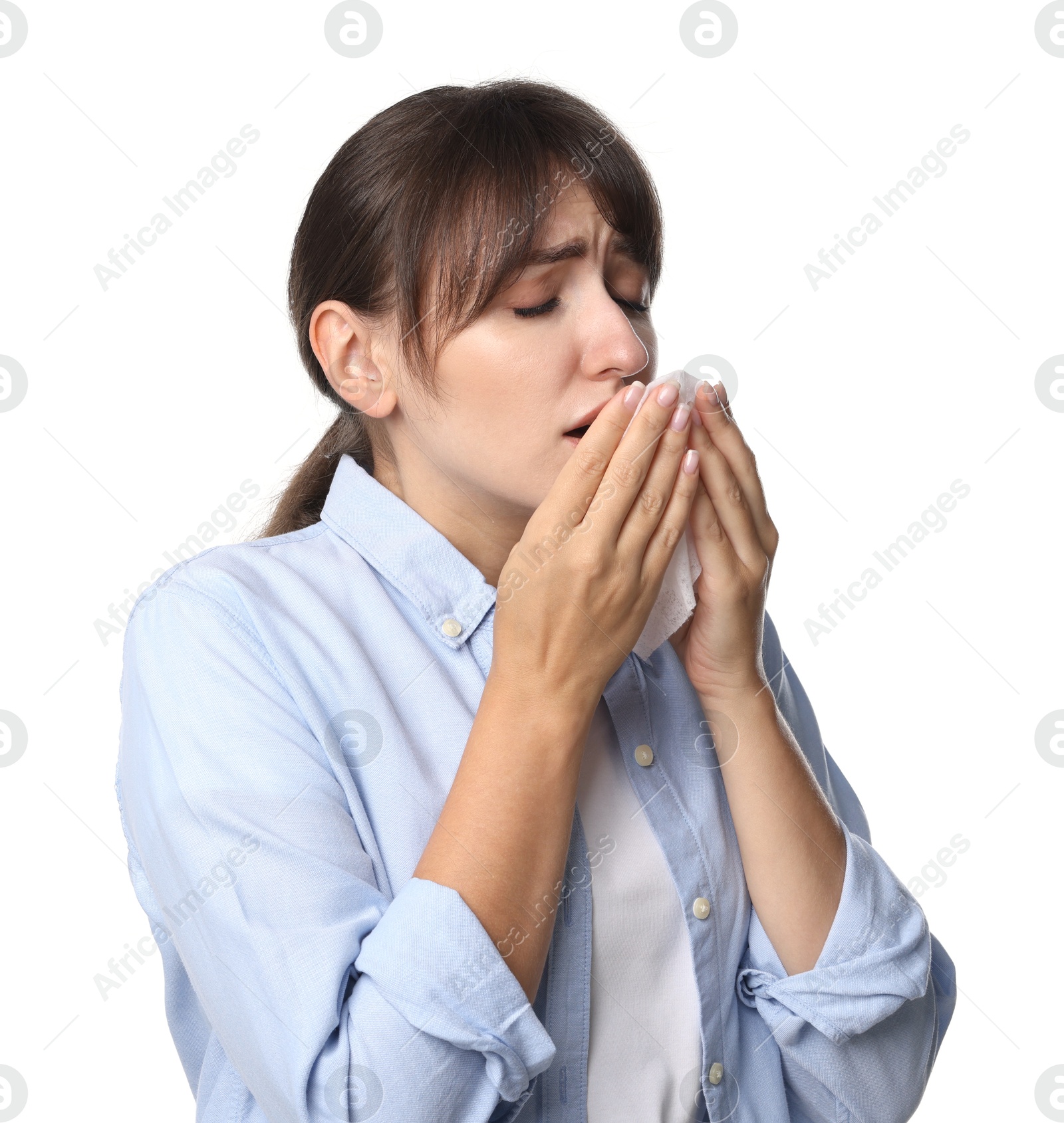 Photo of Woman with napkin suffering from sinusitis on white background