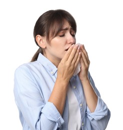 Photo of Woman with napkin suffering from sinusitis on white background