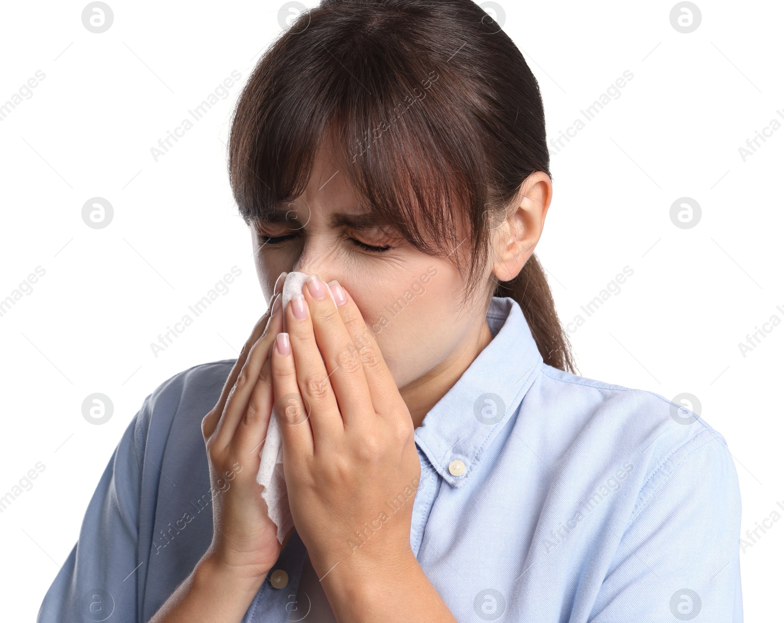 Photo of Woman with napkin suffering from sinusitis on white background