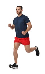 Photo of Handsome young man running on white background