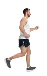 Photo of Handsome young man running on white background