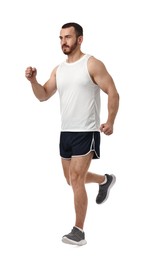 Handsome young man running on white background