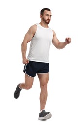 Photo of Handsome young man running on white background