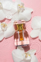 Photo of Beautiful orchid flowers and bottle of perfume in water on pink background, flat lay