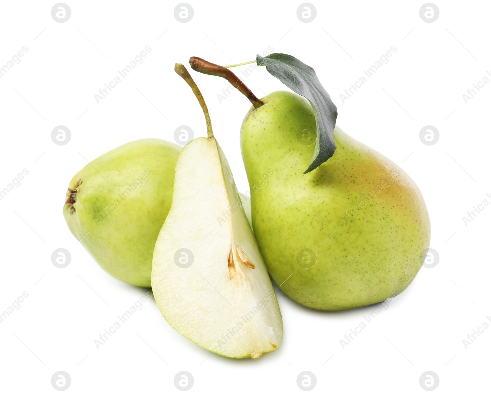 Photo of Fresh ripe pears with green leaf isolated on white