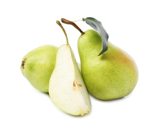 Fresh ripe pears with green leaf isolated on white