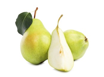 Photo of Fresh ripe pears with green leaf isolated on white