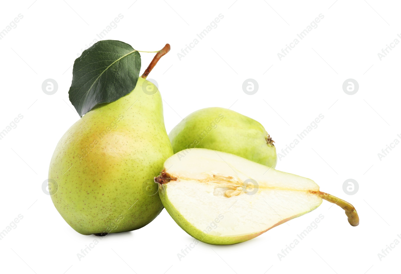 Photo of Fresh ripe pears with green leaf isolated on white