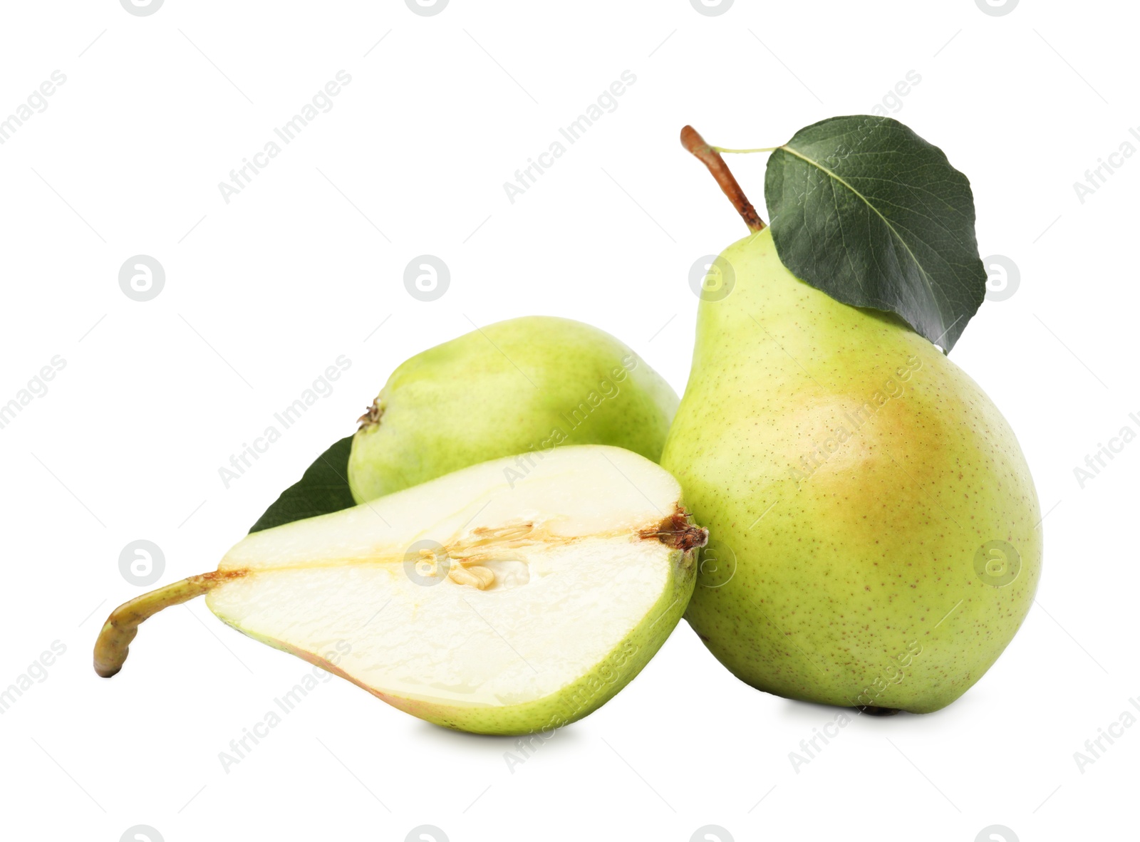 Photo of Fresh ripe pears with green leaf isolated on white