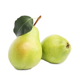 Photo of Fresh ripe pears with green leaf isolated on white