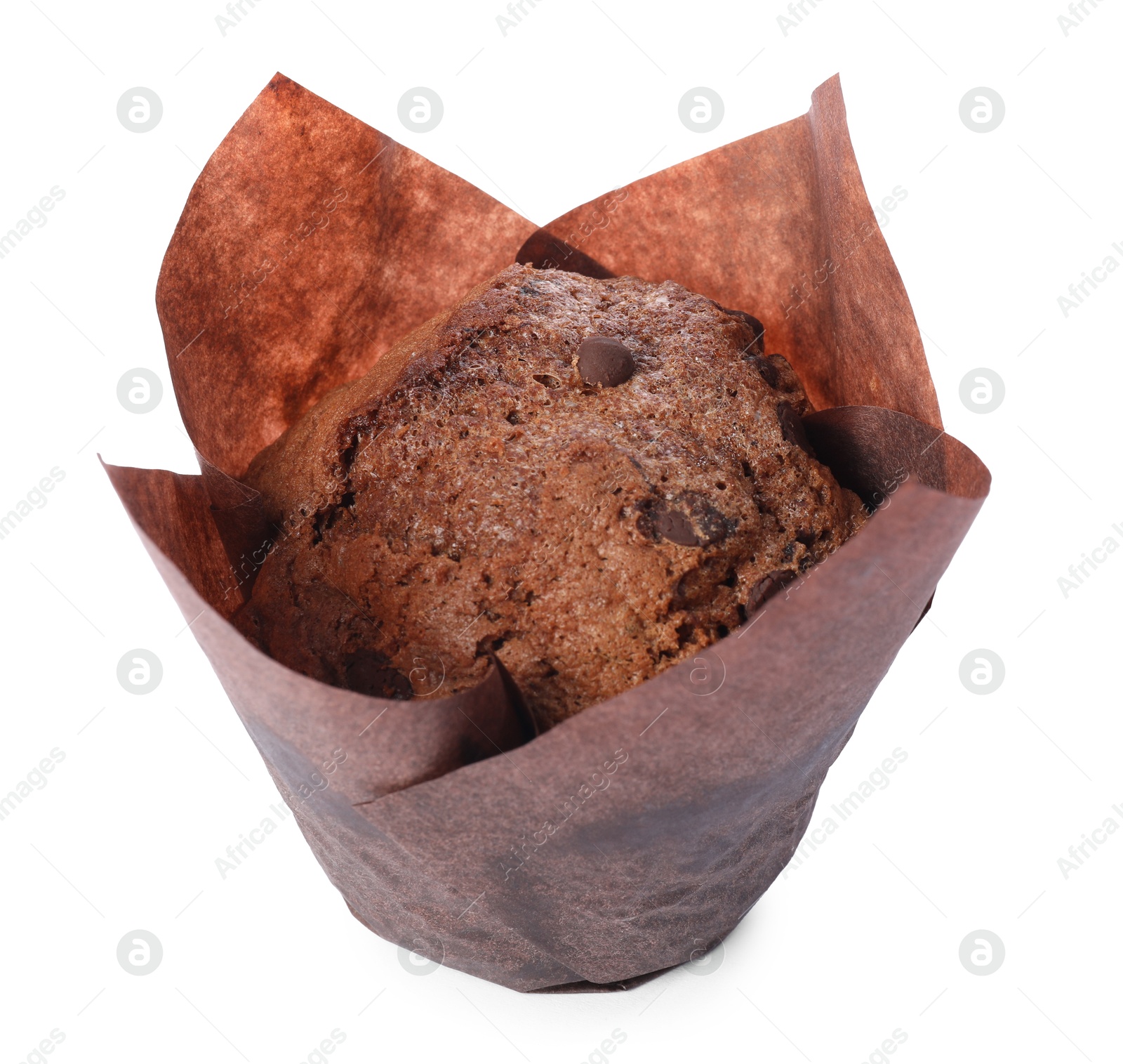 Photo of Delicious sweet muffin with chocolate chips isolated on white