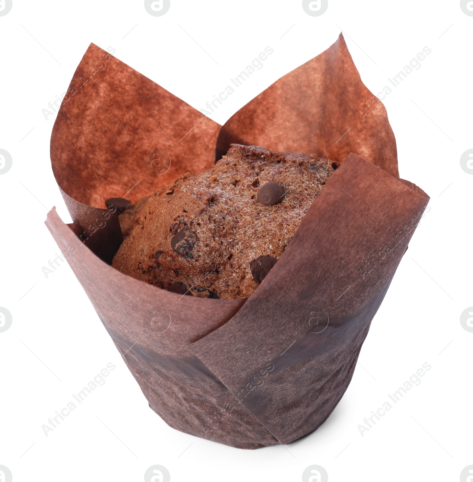 Photo of Delicious sweet muffin with chocolate chips isolated on white