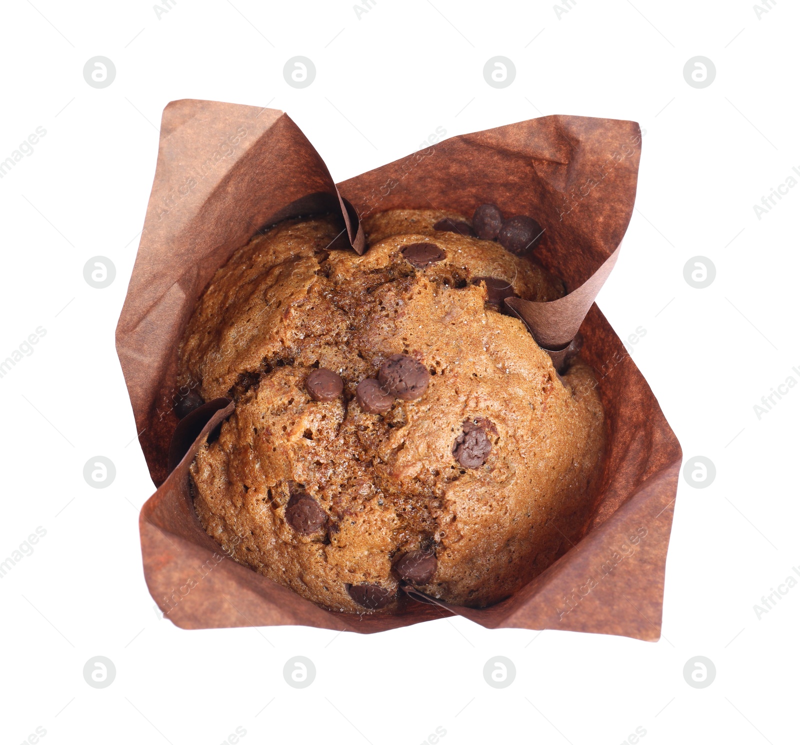 Photo of Delicious sweet muffin with chocolate chips isolated on white, top view