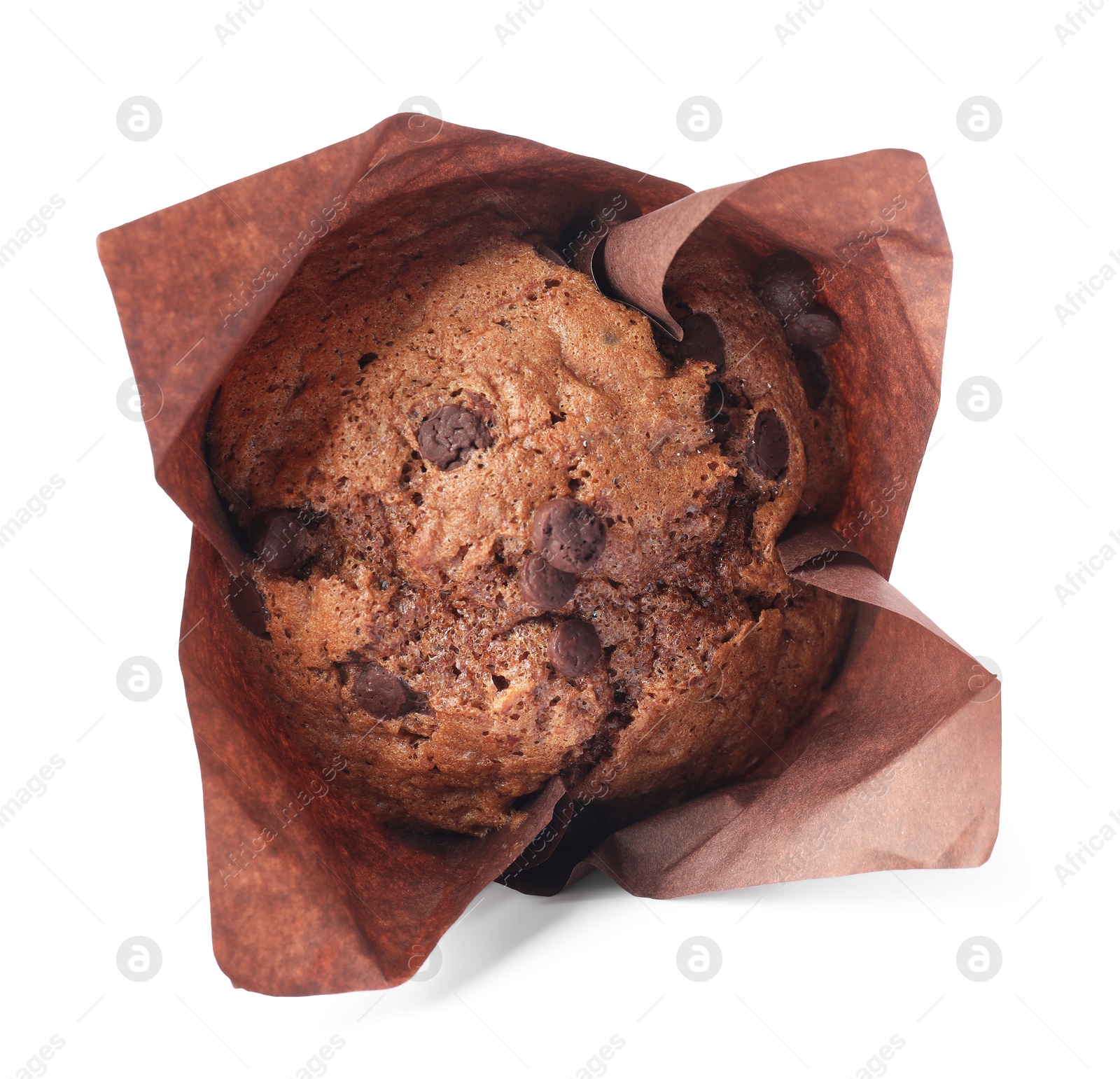 Photo of Delicious sweet muffin with chocolate chips isolated on white