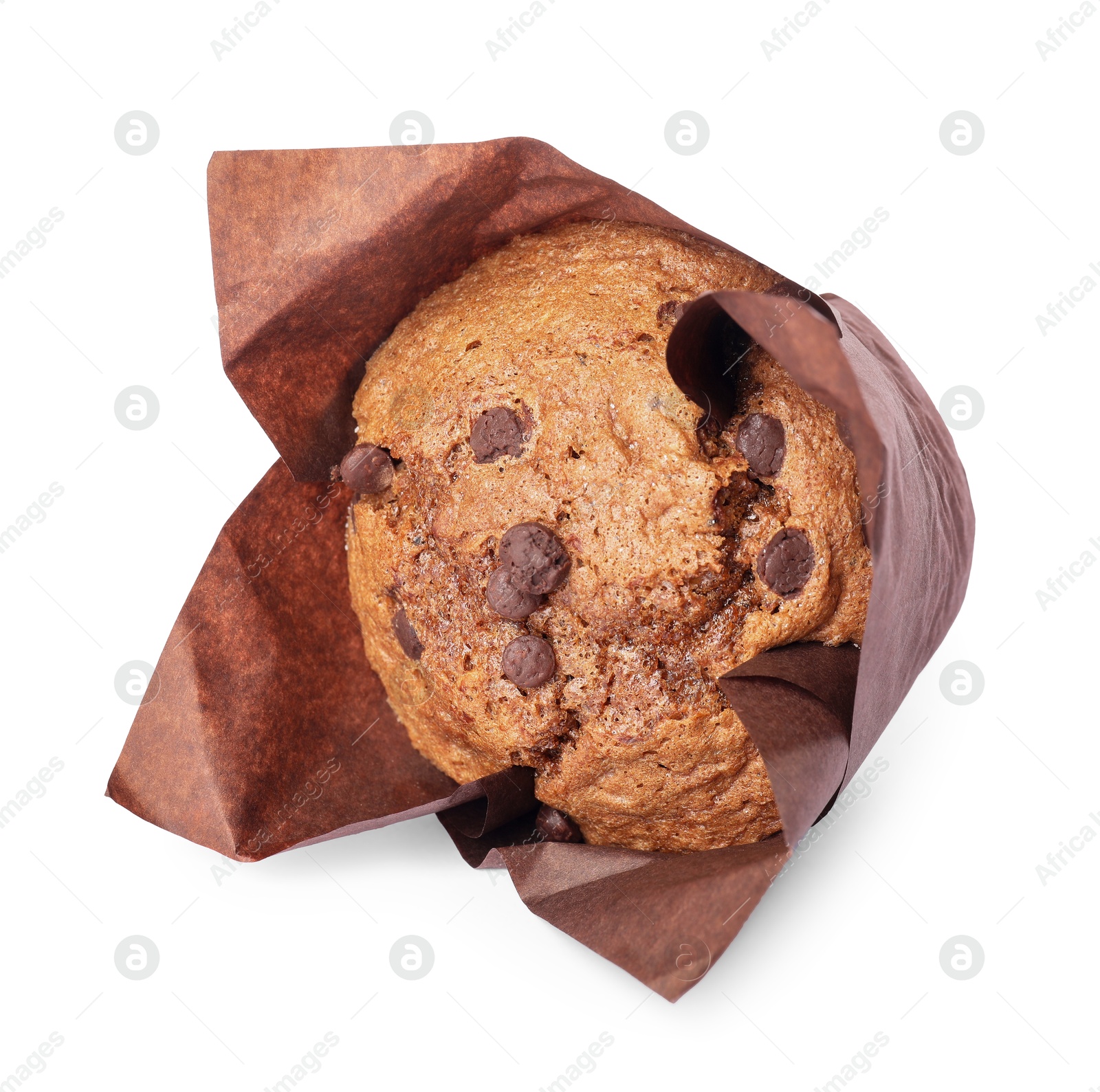 Photo of Delicious sweet muffin with chocolate chips isolated on white