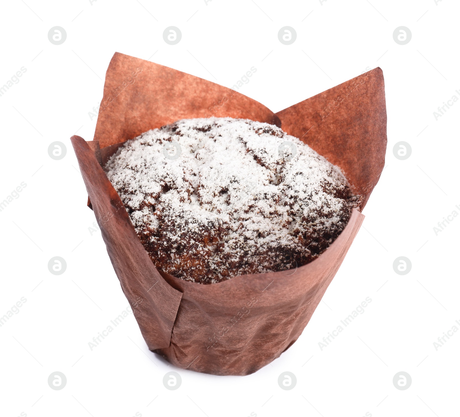 Photo of Delicious sweet muffin with powdered sugar isolated on white