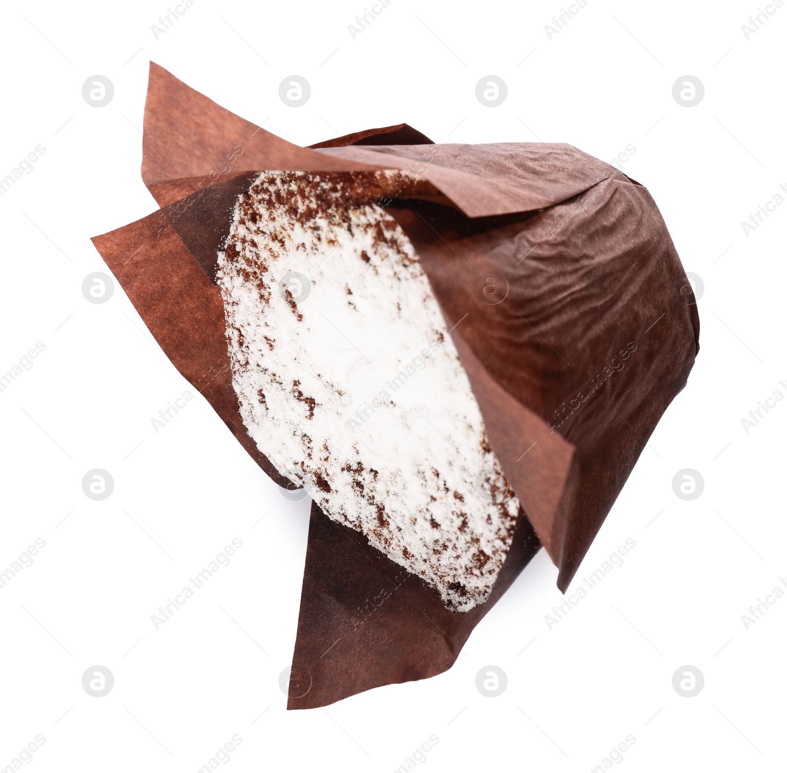 Photo of Delicious sweet muffin with powdered sugar isolated on white