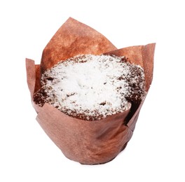 Photo of Delicious sweet muffin with powdered sugar isolated on white