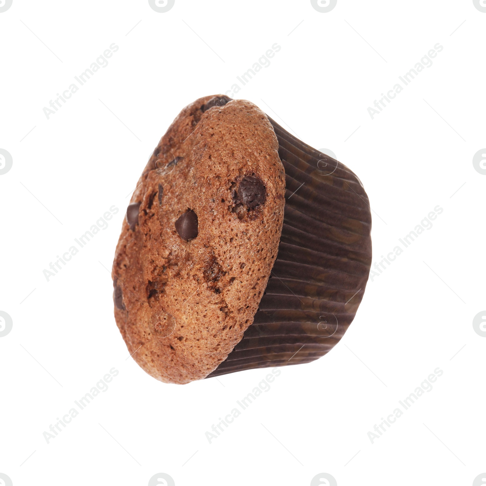 Photo of Delicious sweet muffin with chocolate chips isolated on white