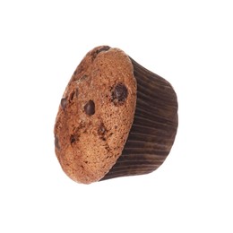 Photo of Delicious sweet muffin with chocolate chips isolated on white