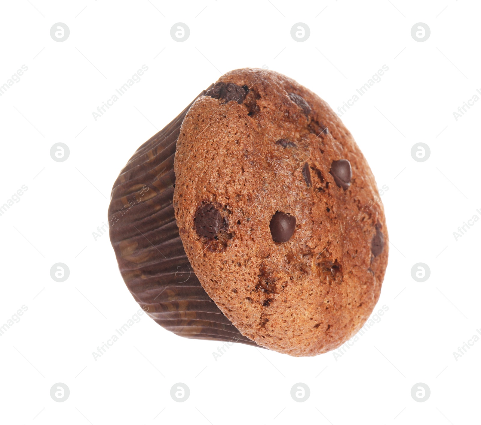 Photo of Delicious sweet muffin with chocolate chips isolated on white