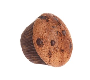 Photo of Delicious sweet muffin with chocolate chips isolated on white